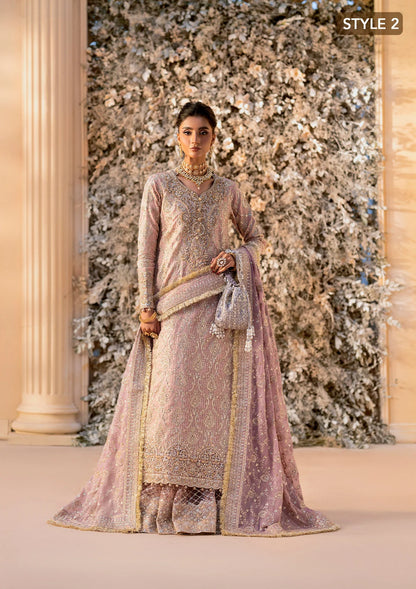 Elegant khaadi net ensemble with embellished organza neckline, detailed borders, masoori silk pants, and chiffon dupatta. Styled as angrakha with gharara or side-slit long shirt with crushed frock.