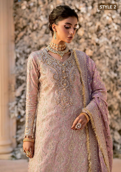 Elegant khaadi net ensemble with embellished organza neckline, detailed borders, masoori silk pants, and chiffon dupatta. Styled as angrakha with gharara or side-slit long shirt with crushed frock.