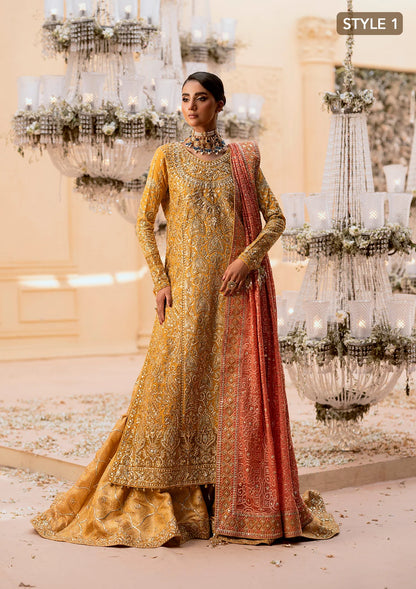Graceful khaadi net ensemble with embellished organza neckline, embroidered jamawaar pants, and a chiffon dupatta. Styled with farshi gharara or crushed sharara for festive elegance.