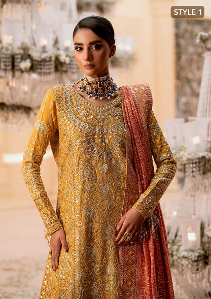 Graceful khaadi net ensemble with embellished organza neckline, embroidered jamawaar pants, and a chiffon dupatta. Styled with farshi gharara or crushed sharara for festive elegance.