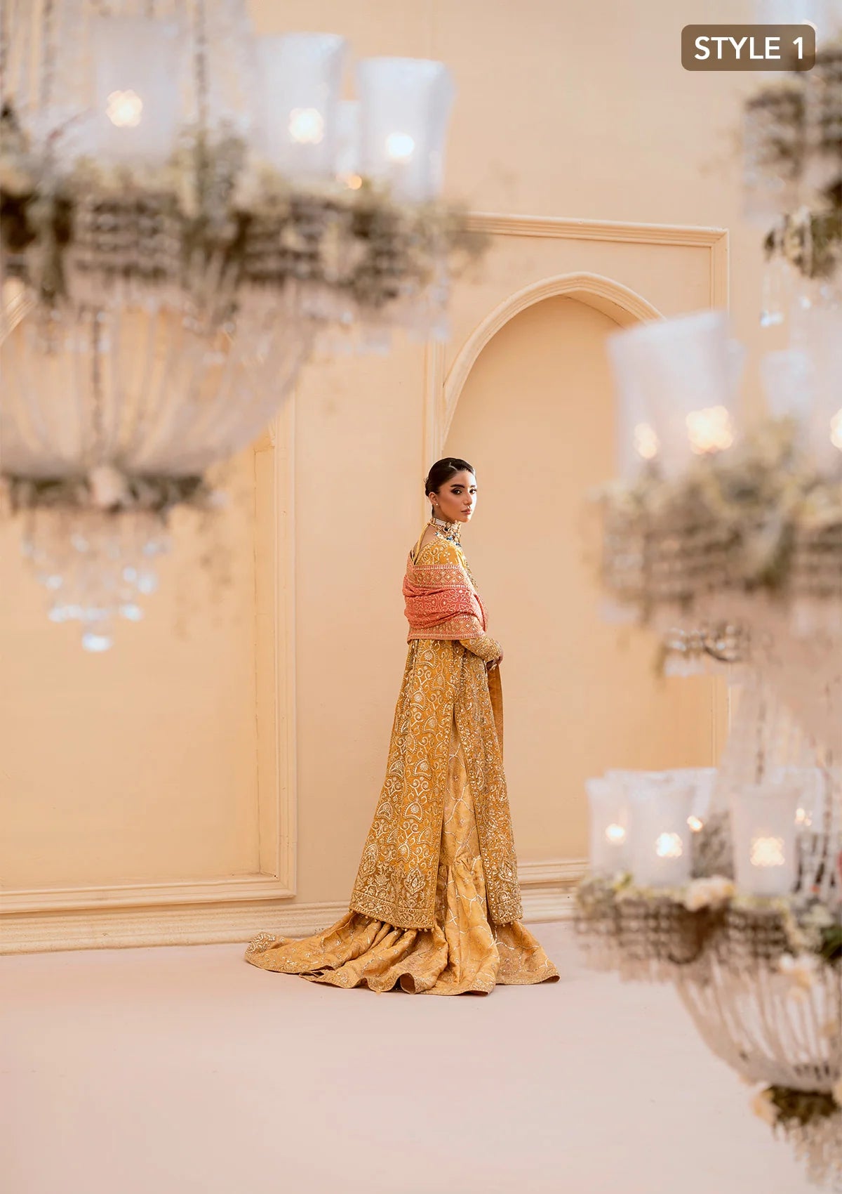 Graceful khaadi net ensemble with embellished organza neckline, embroidered jamawaar pants, and a chiffon dupatta. Styled with farshi gharara or crushed sharara for festive elegance.