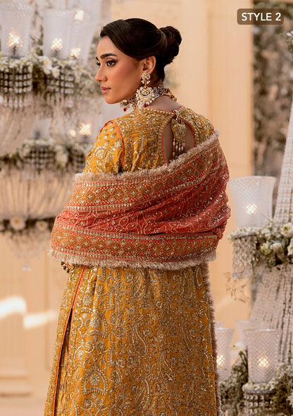 Graceful khaadi net ensemble with embellished organza neckline, embroidered jamawaar pants, and a chiffon dupatta. Styled with farshi gharara or crushed sharara for festive elegance.