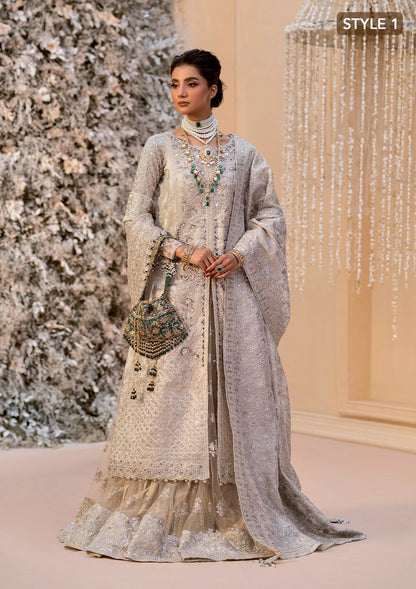 Opulent kundan zari ensemble with embellished panels, intricate jaal work, tissue borders, masoori silk pants, and an embroidered tissue dupatta. Styled as open-front shirt with crushed skirt or side-slit open shirt with crushed frock.