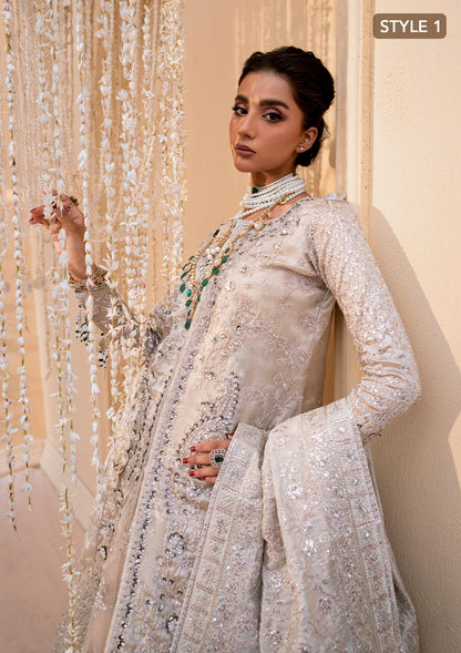 Opulent kundan zari ensemble with embellished panels, intricate jaal work, tissue borders, masoori silk pants, and an embroidered tissue dupatta. Styled as open-front shirt with crushed skirt or side-slit open shirt with crushed frock.