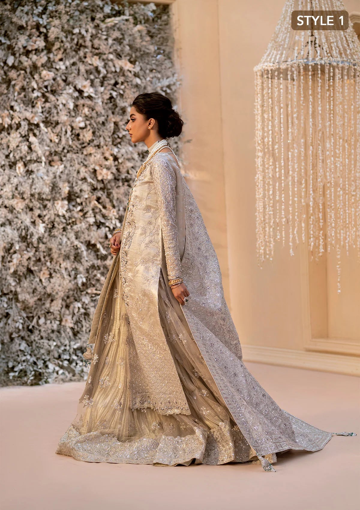 Opulent kundan zari ensemble with embellished panels, intricate jaal work, tissue borders, masoori silk pants, and an embroidered tissue dupatta. Styled as open-front shirt with crushed skirt or side-slit open shirt with crushed frock.