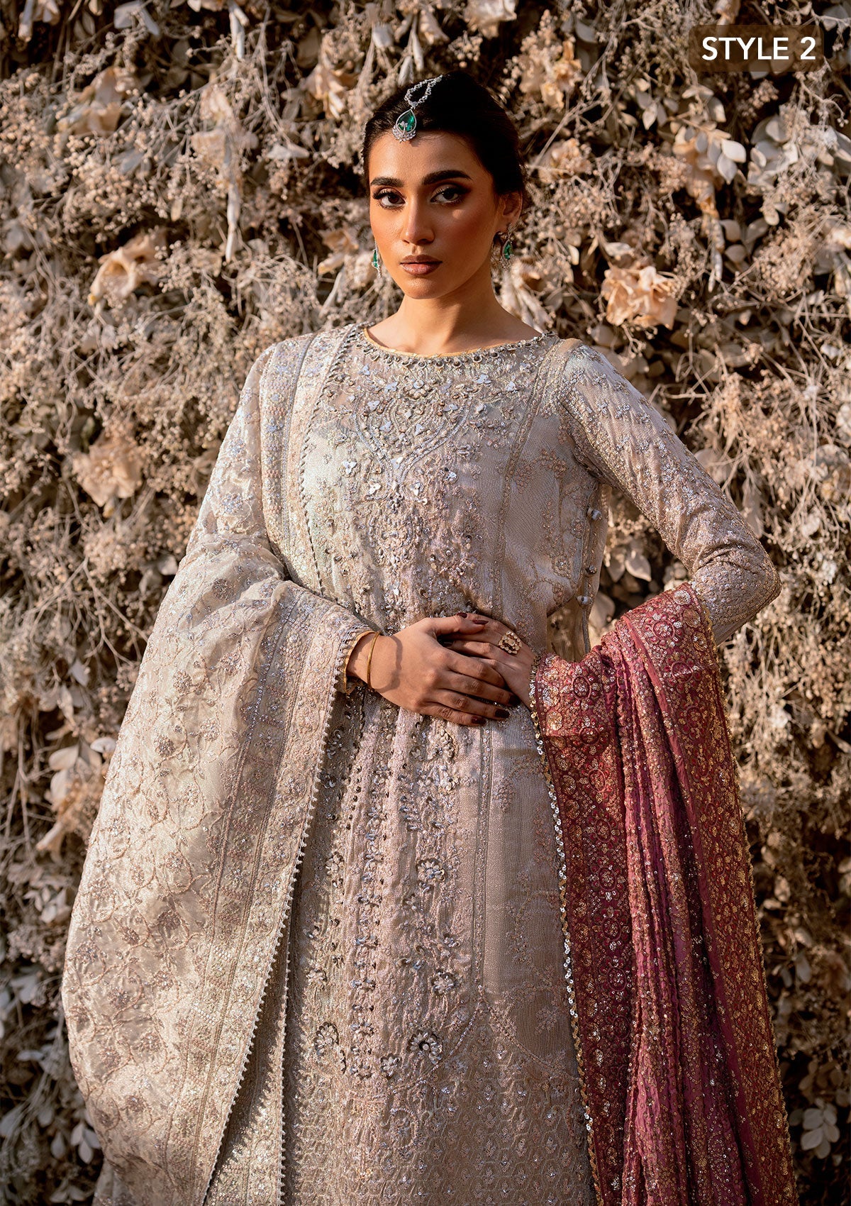 Opulent kundan zari ensemble with embellished panels, intricate jaal work, tissue borders, masoori silk pants, and an embroidered tissue dupatta. Styled as open-front shirt with crushed skirt or side-slit open shirt with crushed frock.