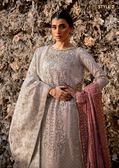 Opulent kundan zari ensemble with embellished panels, intricate jaal work, tissue borders, masoori silk pants, and an embroidered tissue dupatta. Styled as open-front shirt with crushed skirt or side-slit open shirt with crushed frock.