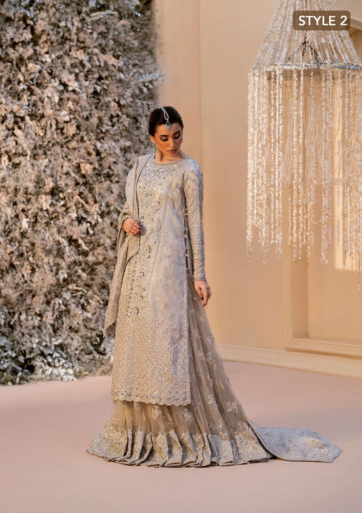 Opulent kundan zari ensemble with embellished panels, intricate jaal work, tissue borders, masoori silk pants, and an embroidered tissue dupatta. Styled as open-front shirt with crushed skirt or side-slit open shirt with crushed frock.