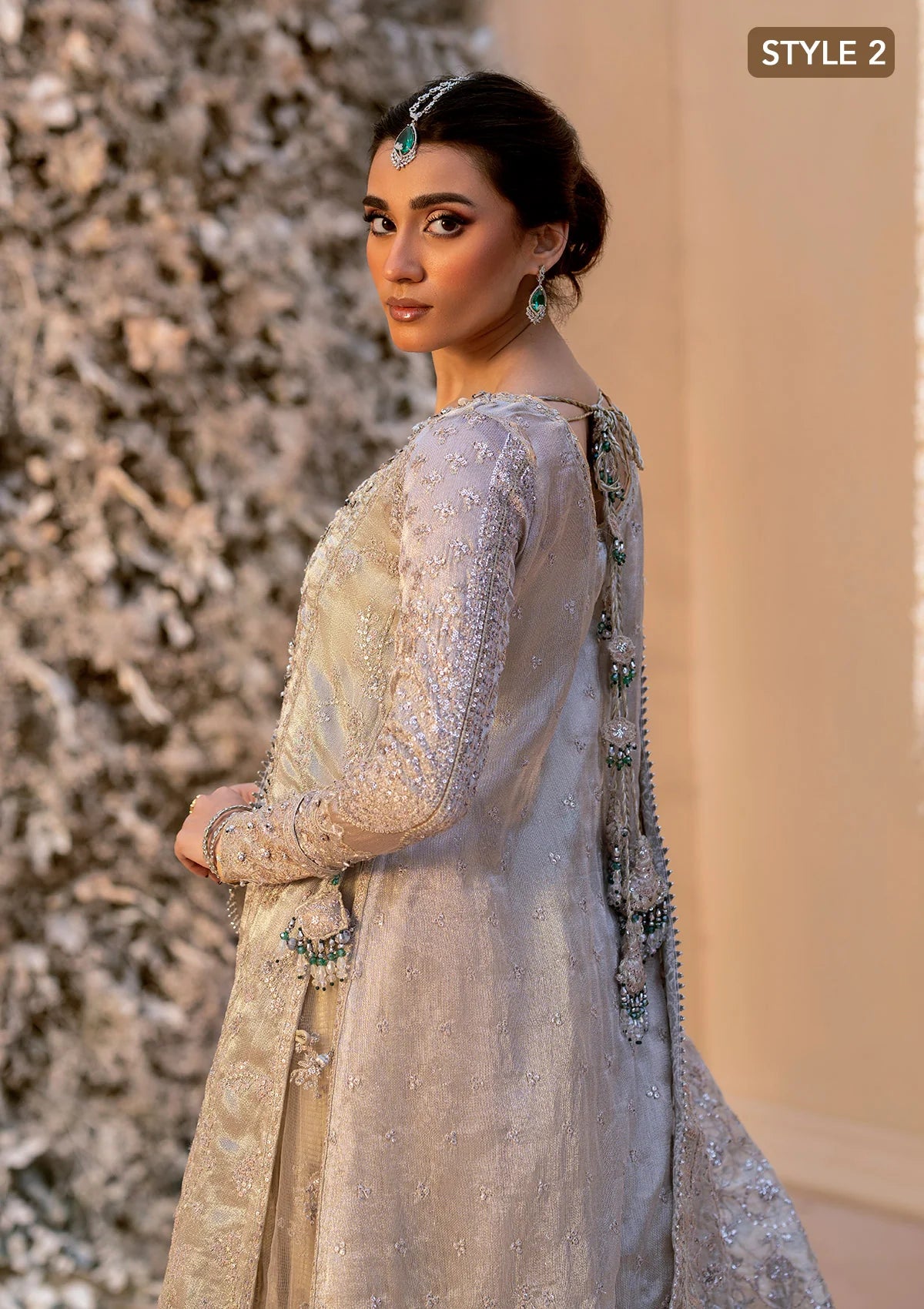 Opulent kundan zari ensemble with embellished panels, intricate jaal work, tissue borders, masoori silk pants, and an embroidered tissue dupatta. Styled as open-front shirt with crushed skirt or side-slit open shirt with crushed frock.