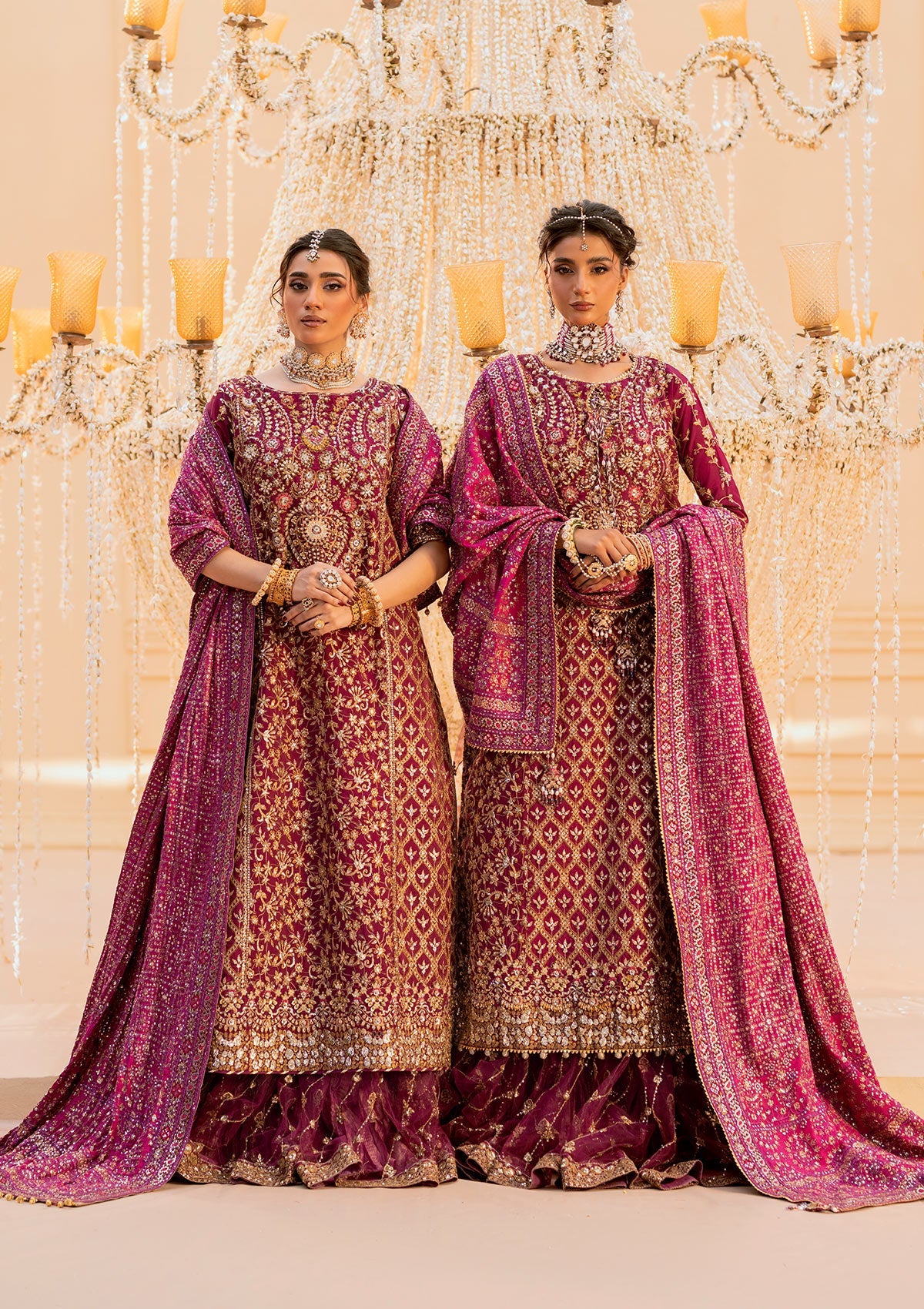Luxurious kataan silk outfit with intricate jaal embroidery, embellished neckline, embroidered sleeves, crushed skirt or gharara styling, silk dupatta, and refined organza details.