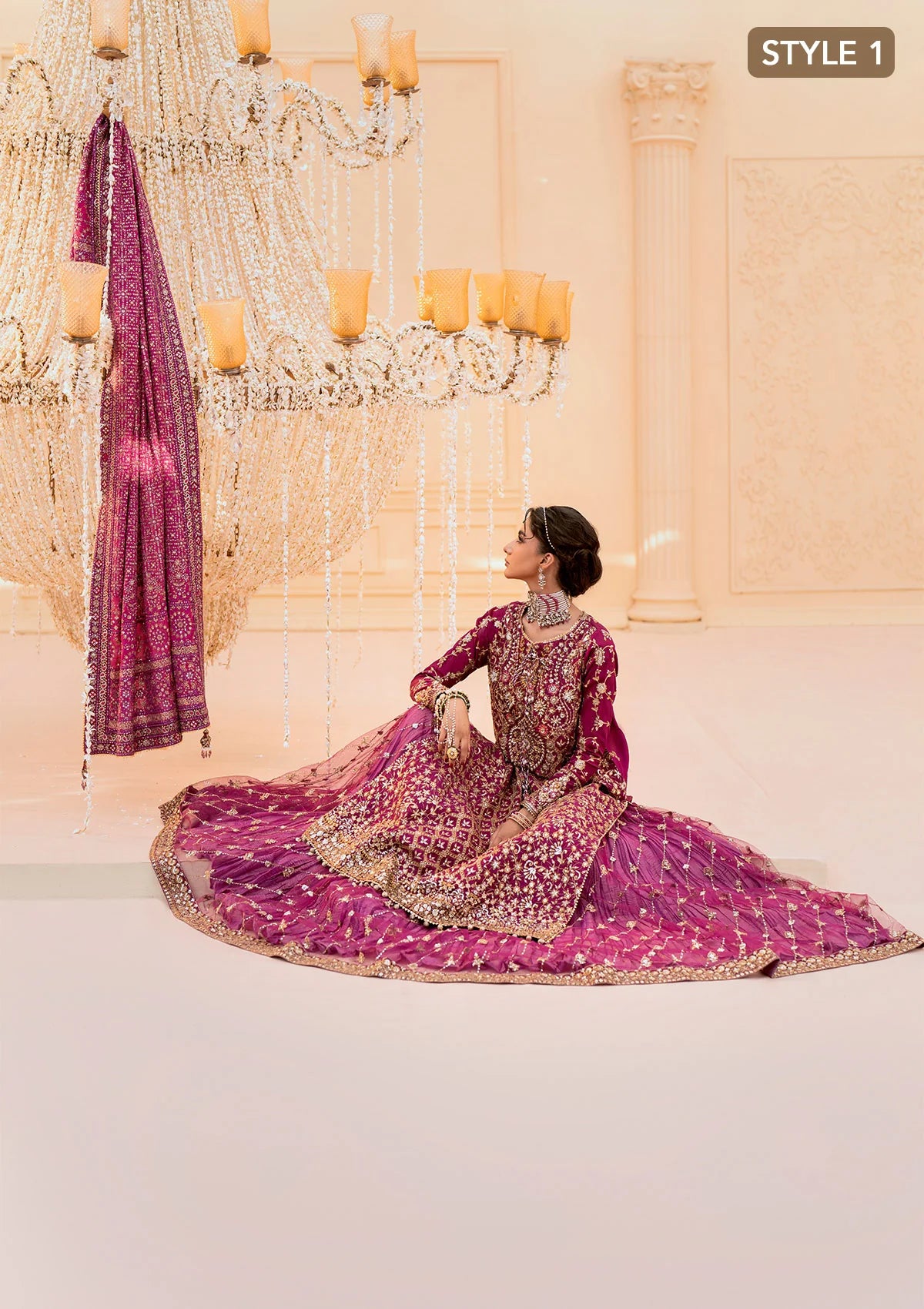 Luxurious kataan silk outfit with intricate jaal embroidery, embellished neckline, embroidered sleeves, crushed skirt or gharara styling, silk dupatta, and refined organza details.