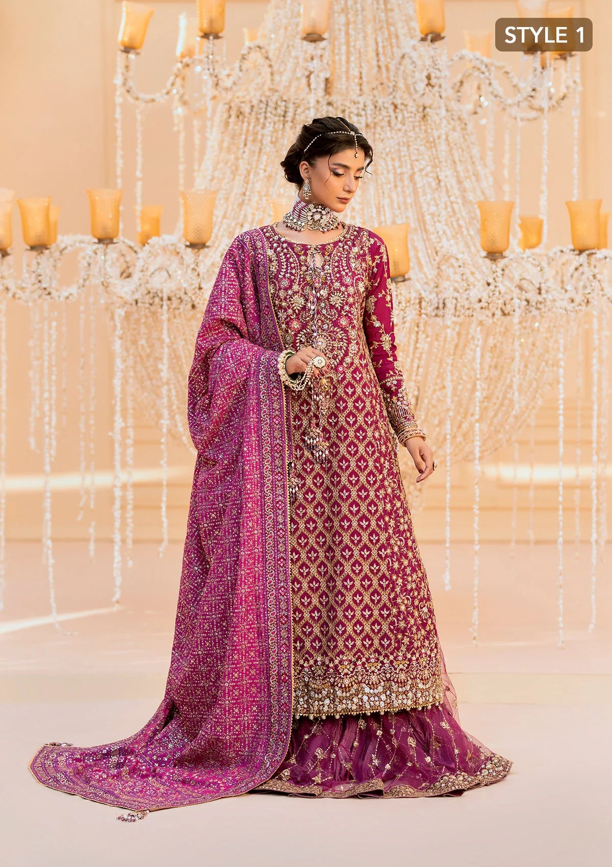 Luxurious kataan silk outfit with intricate jaal embroidery, embellished neckline, embroidered sleeves, crushed skirt or gharara styling, silk dupatta, and refined organza details.