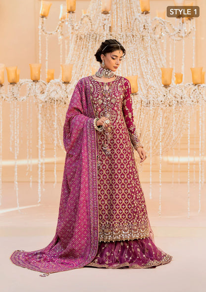 Luxurious kataan silk outfit with intricate jaal embroidery, embellished neckline, embroidered sleeves, crushed skirt or gharara styling, silk dupatta, and refined organza details.