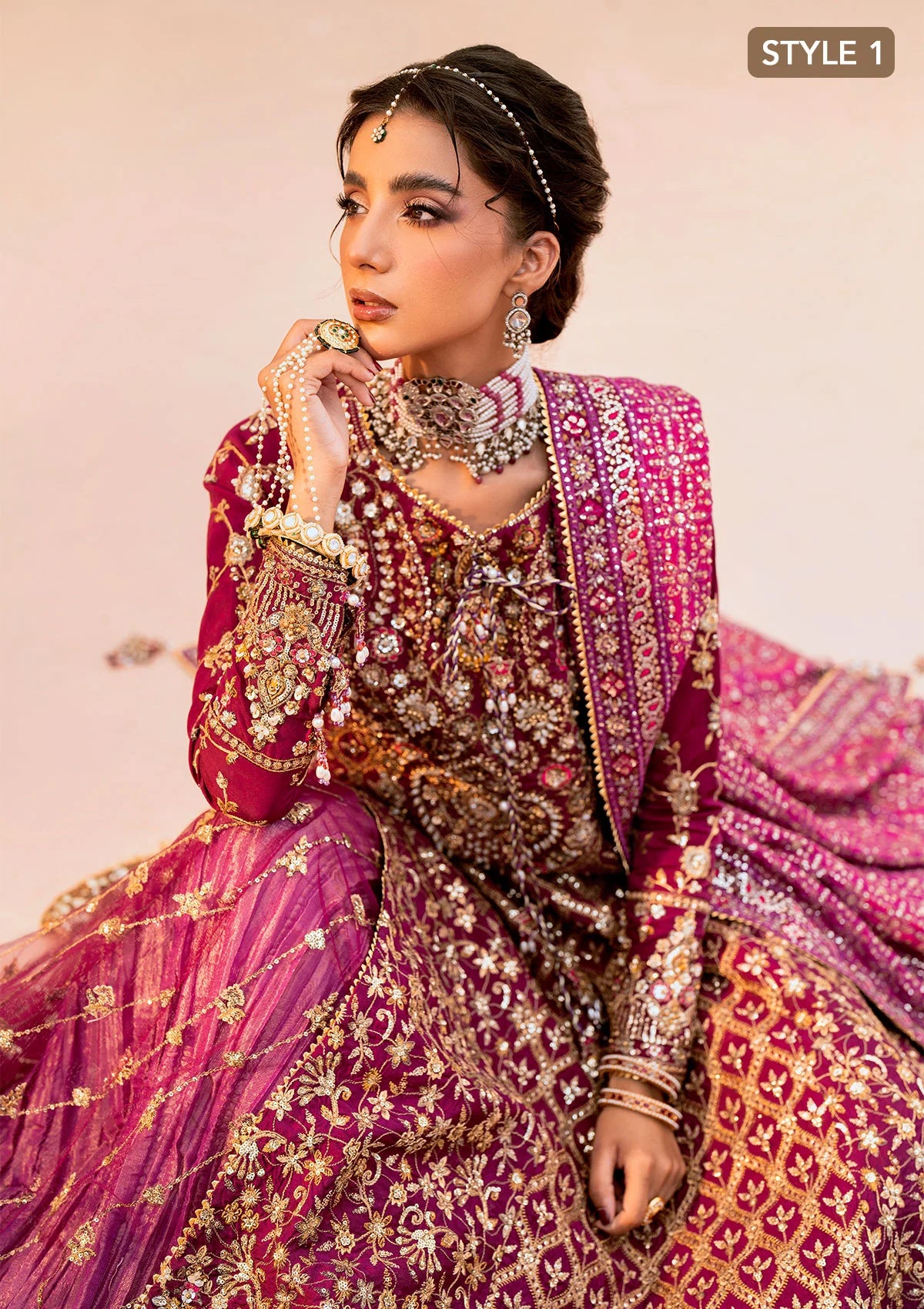 Luxurious kataan silk outfit with intricate jaal embroidery, embellished neckline, embroidered sleeves, crushed skirt or gharara styling, silk dupatta, and refined organza details.