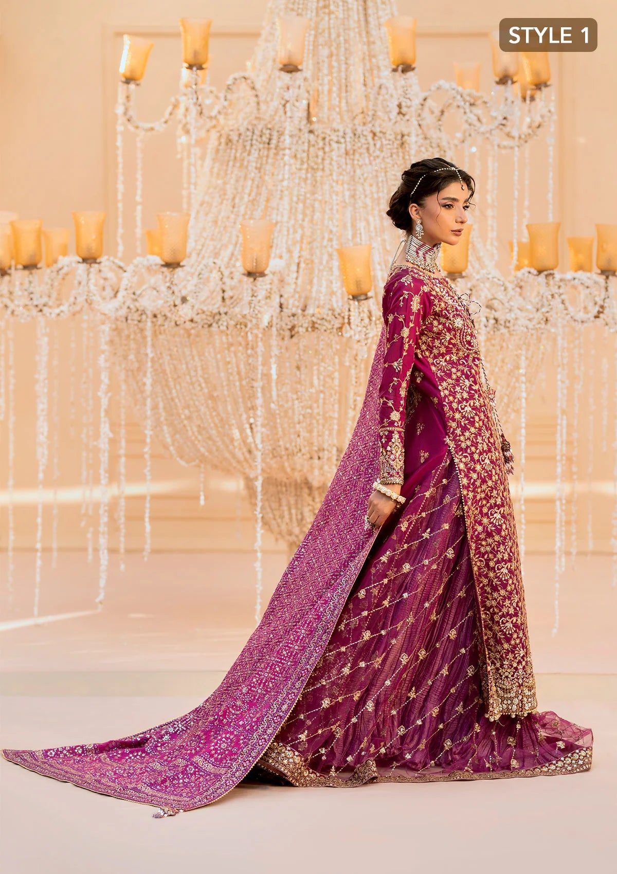 Luxurious kataan silk outfit with intricate jaal embroidery, embellished neckline, embroidered sleeves, crushed skirt or gharara styling, silk dupatta, and refined organza details.