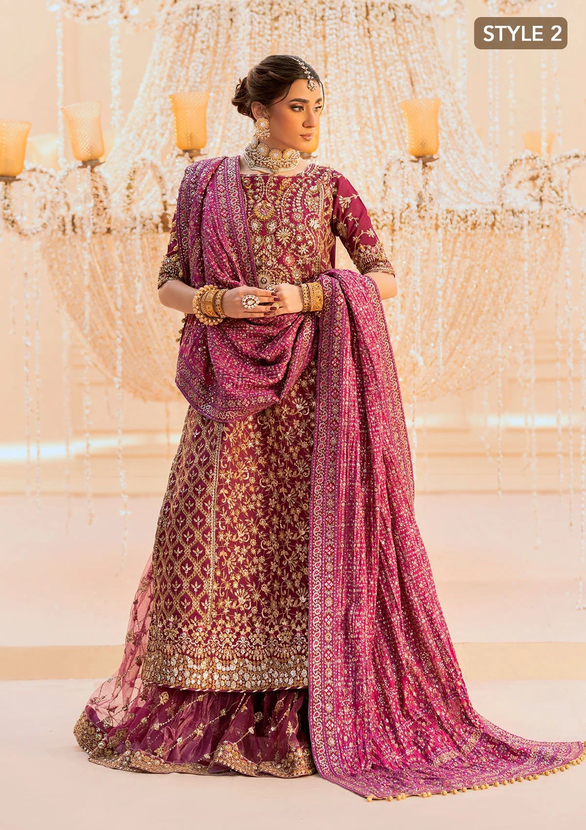 Luxurious kataan silk outfit with intricate jaal embroidery, embellished neckline, embroidered sleeves, crushed skirt or gharara styling, silk dupatta, and refined organza details.