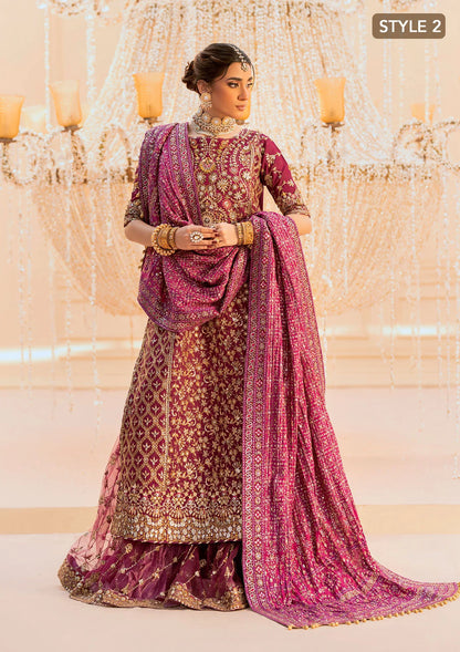 Luxurious kataan silk outfit with intricate jaal embroidery, embellished neckline, embroidered sleeves, crushed skirt or gharara styling, silk dupatta, and refined organza details.