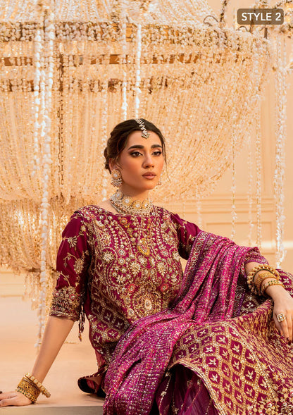 Luxurious kataan silk outfit with intricate jaal embroidery, embellished neckline, embroidered sleeves, crushed skirt or gharara styling, silk dupatta, and refined organza details.