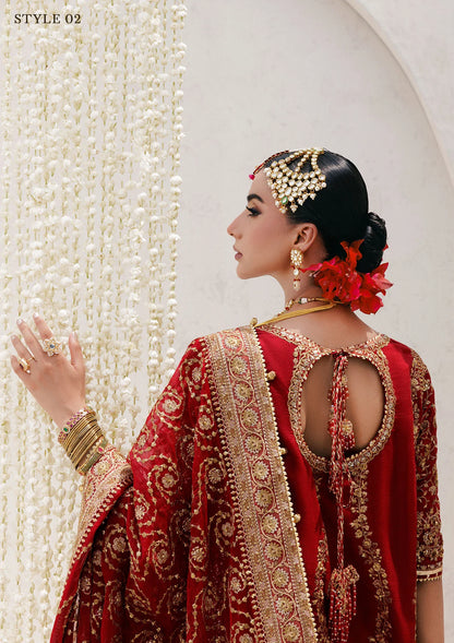 Graceful khaadi net ensemble with embellished neckline, detailed hem patches, organza borders, masoori silk pants, and a chiffon dupatta. Styled as a long shirt with farshi gharara or Hyderabadi shirt with churi pajama.