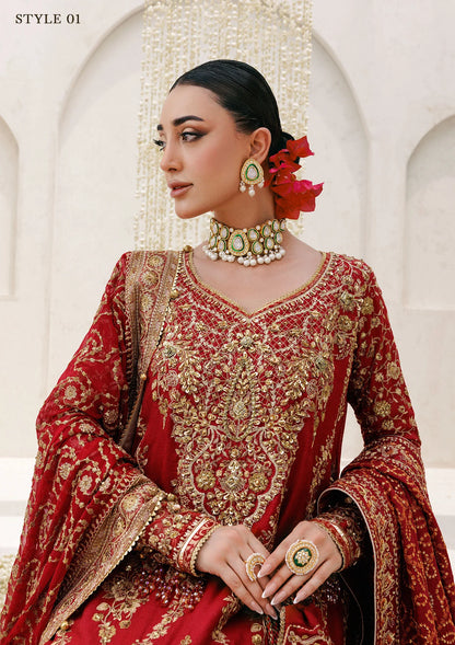 Graceful khaadi net ensemble with embellished neckline, detailed hem patches, organza borders, masoori silk pants, and a chiffon dupatta. Styled as a long shirt with farshi gharara or Hyderabadi shirt with churi pajama.