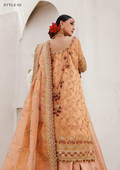 Luxurious tissue ensemble with rich embroidery, embellished borders, jamawar pants, and an embroidered tissue dupatta. Styled as a long shirt with farshi gharara or elegant skirt.