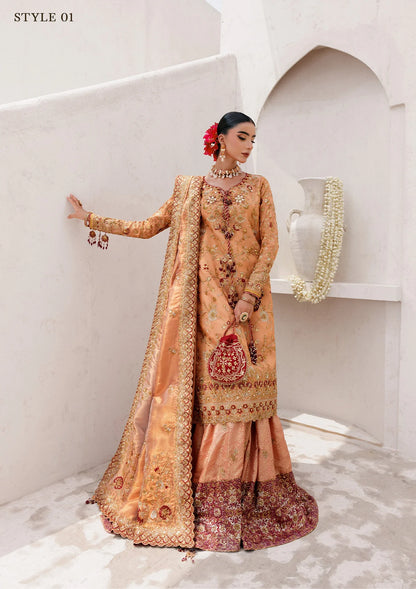 Luxurious tissue ensemble with rich embroidery, embellished borders, jamawar pants, and an embroidered tissue dupatta. Styled as a long shirt with farshi gharara or elegant skirt.