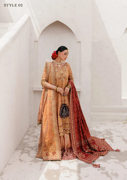 Luxurious tissue ensemble with rich embroidery, embellished borders, jamawar pants, and an embroidered tissue dupatta. Styled as a long shirt with farshi gharara or elegant skirt.