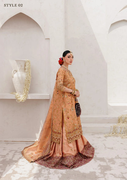 Luxurious tissue ensemble with rich embroidery, embellished borders, jamawar pants, and an embroidered tissue dupatta. Styled as a long shirt with farshi gharara or elegant skirt.