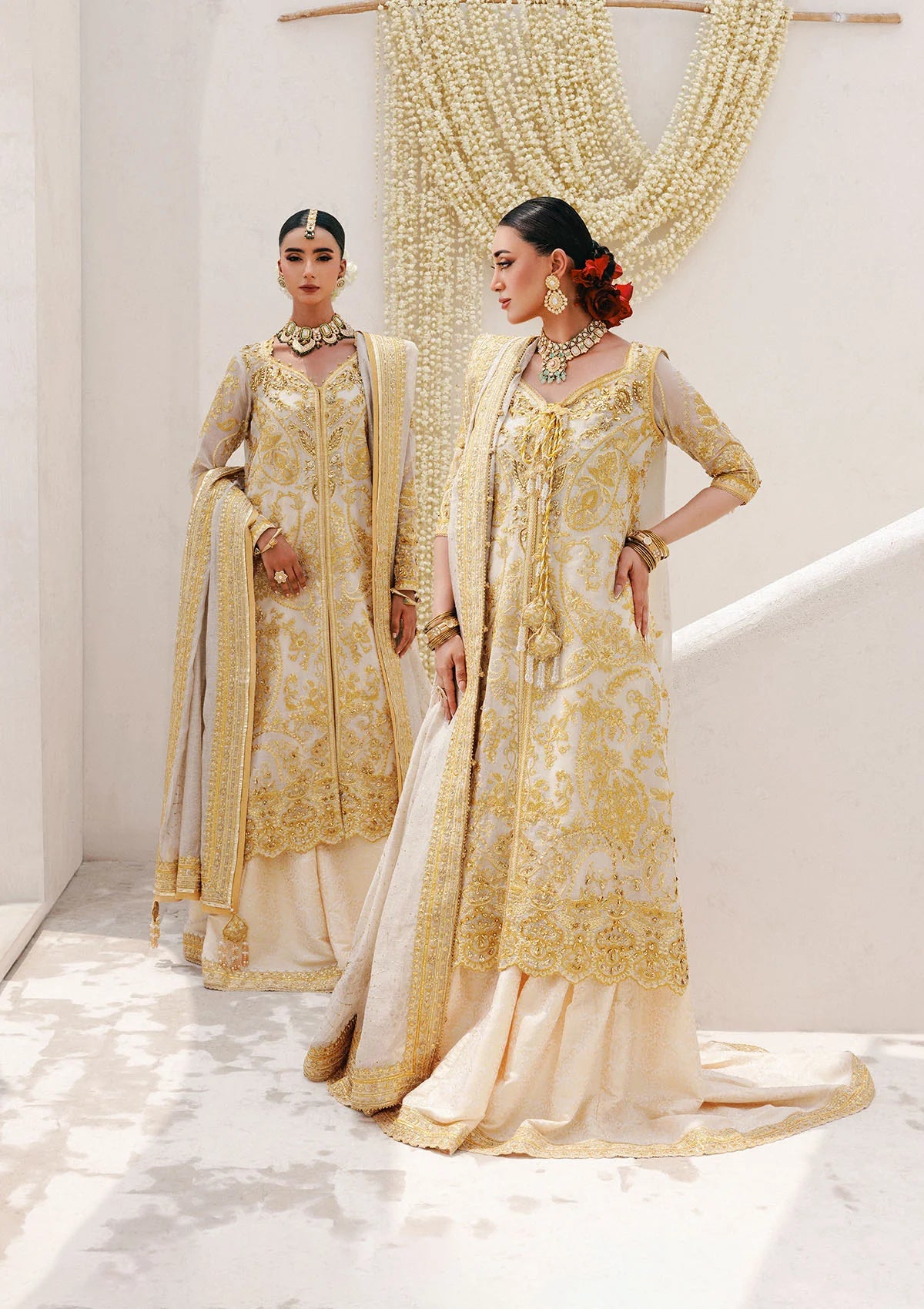 Regal khaadi net ensemble with embellished panels, organza borders, jamawar pants, and embroidered dupatta. Styled as Hyderabadi shirt with farshi gharara or long shirt with sharara.

