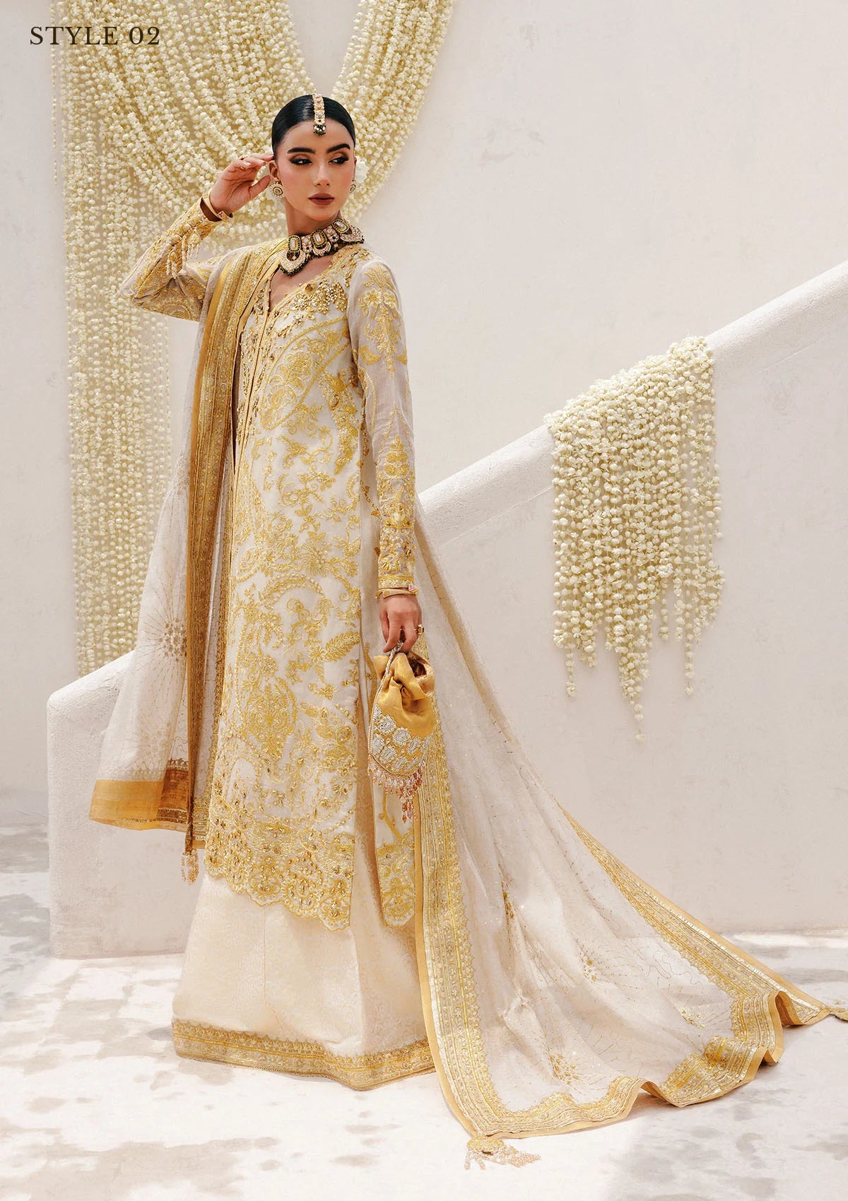 Regal khaadi net ensemble with embellished panels, organza borders, jamawar pants, and embroidered dupatta. Styled as Hyderabadi shirt with farshi gharara or long shirt with sharara.