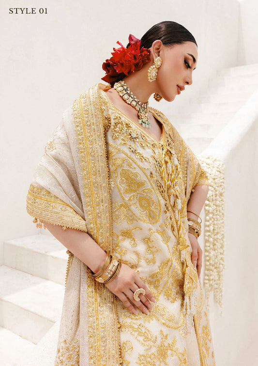 Regal khaadi net ensemble with embellished panels, organza borders, jamawar pants, and embroidered dupatta. Styled as Hyderabadi shirt with farshi gharara or long shirt with sharara.