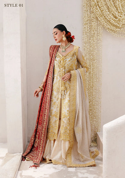 Regal khaadi net ensemble with embellished panels, organza borders, jamawar pants, and embroidered dupatta. Styled as Hyderabadi shirt with farshi gharara or long shirt with sharara.