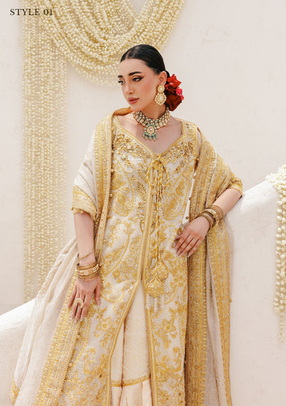 Regal khaadi net ensemble with embellished panels, organza borders, jamawar pants, and embroidered dupatta. Styled as Hyderabadi shirt with farshi gharara or long shirt with sharara.