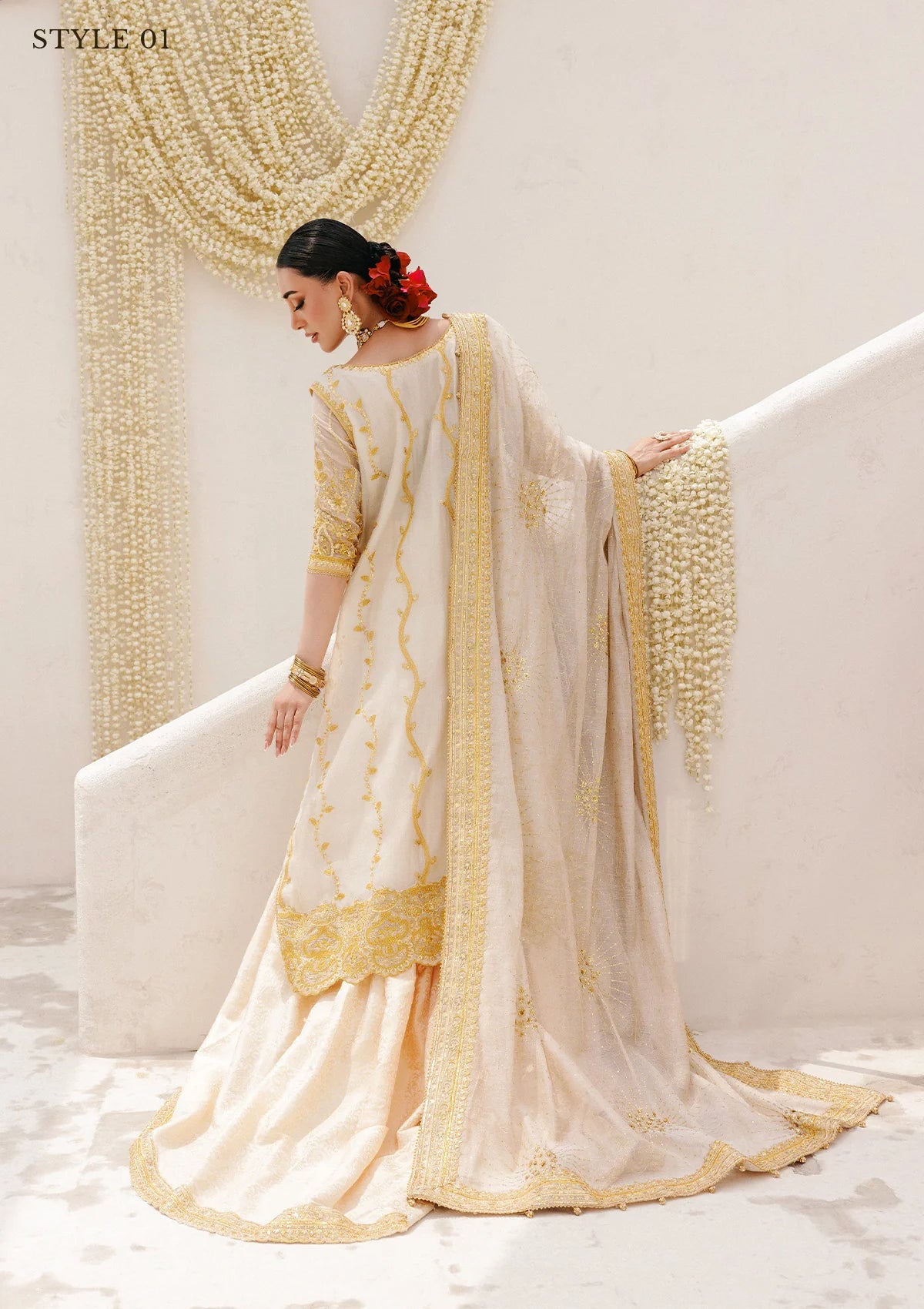 Regal khaadi net ensemble with embellished panels, organza borders, jamawar pants, and embroidered dupatta. Styled as Hyderabadi shirt with farshi gharara or long shirt with sharara.