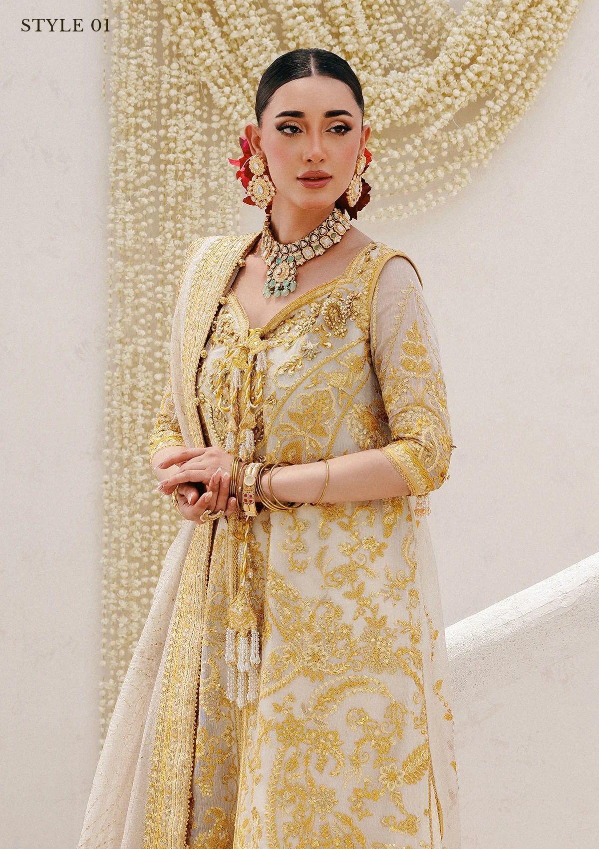 Regal khaadi net ensemble with embellished panels, organza borders, jamawar pants, and embroidered dupatta. Styled as Hyderabadi shirt with farshi gharara or long shirt with sharara.