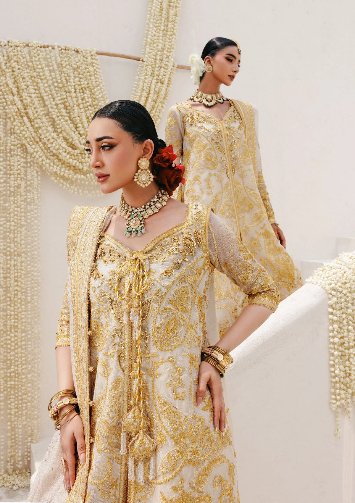 Regal khaadi net ensemble with embellished panels, organza borders, jamawar pants, and embroidered dupatta. Styled as Hyderabadi shirt with farshi gharara or long shirt with sharara.