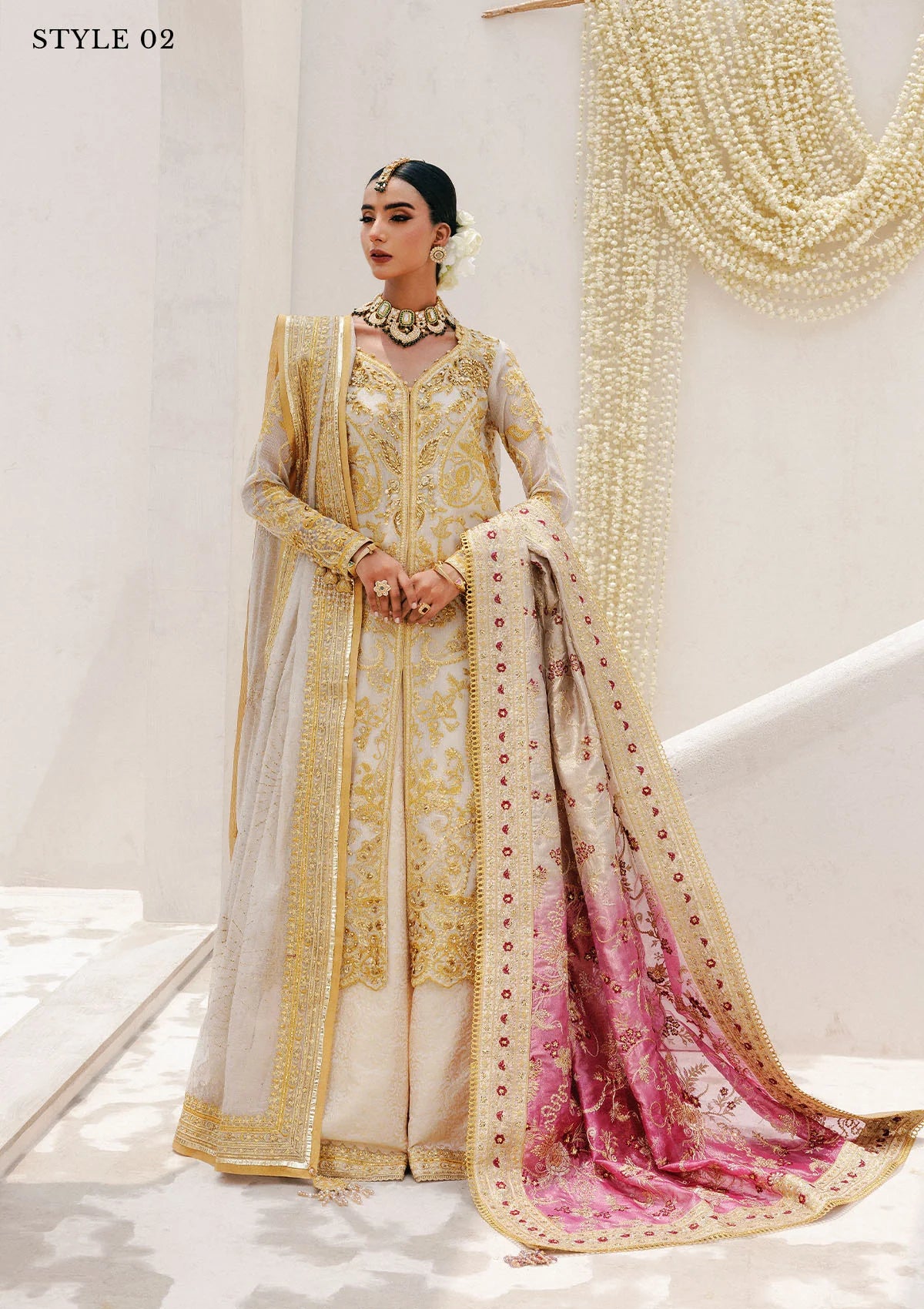 Regal khaadi net ensemble with embellished panels, organza borders, jamawar pants, and embroidered dupatta. Styled as Hyderabadi shirt with farshi gharara or long shirt with sharara.