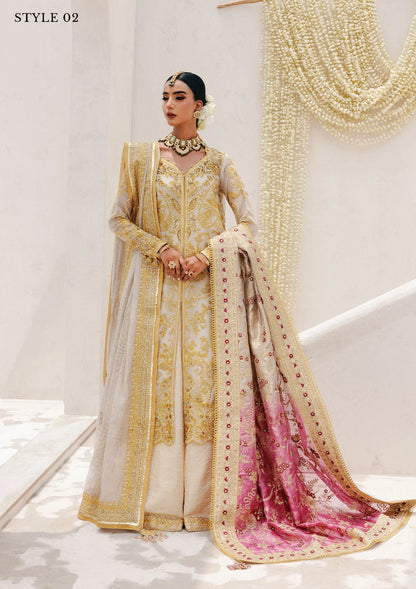 Regal khaadi net ensemble with embellished panels, organza borders, jamawar pants, and embroidered dupatta. Styled as Hyderabadi shirt with farshi gharara or long shirt with sharara.