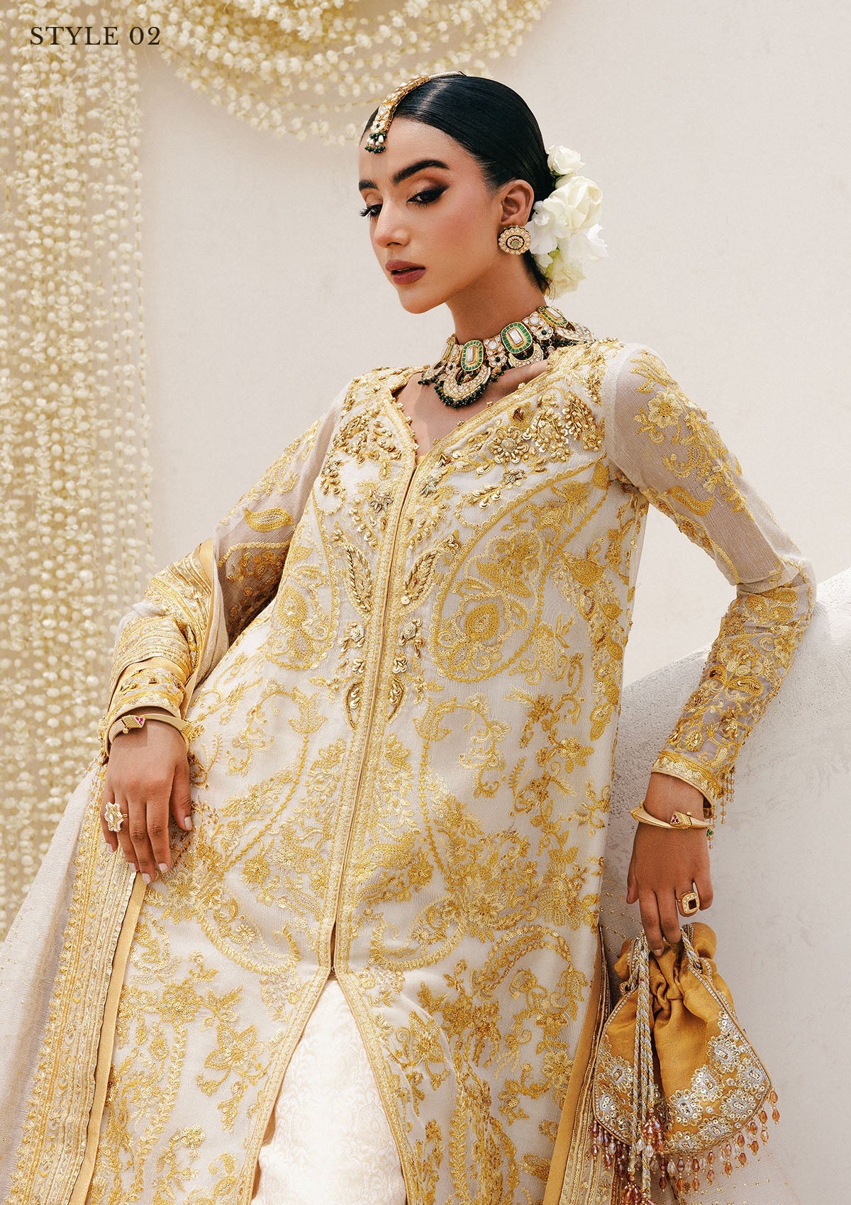 Regal khaadi net ensemble with embellished panels, organza borders, jamawar pants, and embroidered dupatta. Styled as Hyderabadi shirt with farshi gharara or long shirt with sharara.