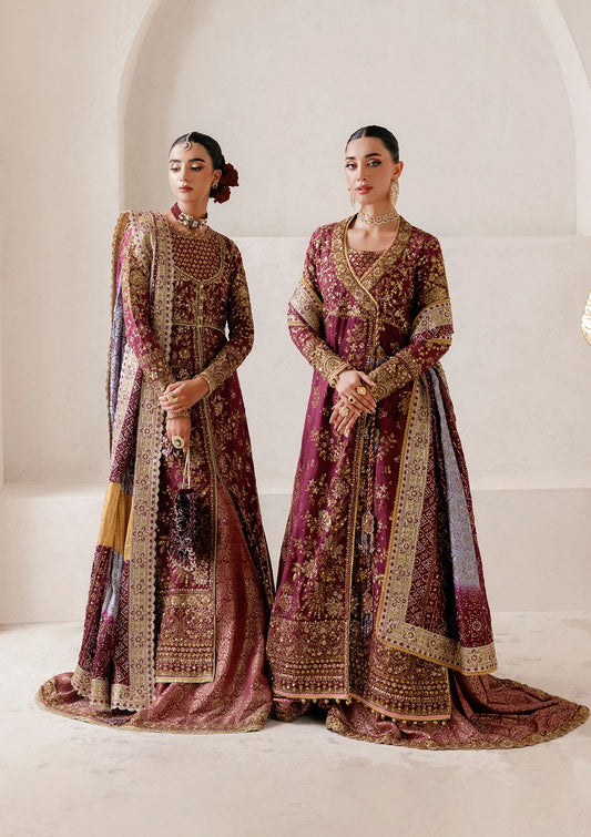 Opulent medium silk ensemble with detailed embroidery, bodice and panel work, jamawaar pants, and an embroidered silk dupatta. Styled as angrakha gharara or open-front koti sharara.