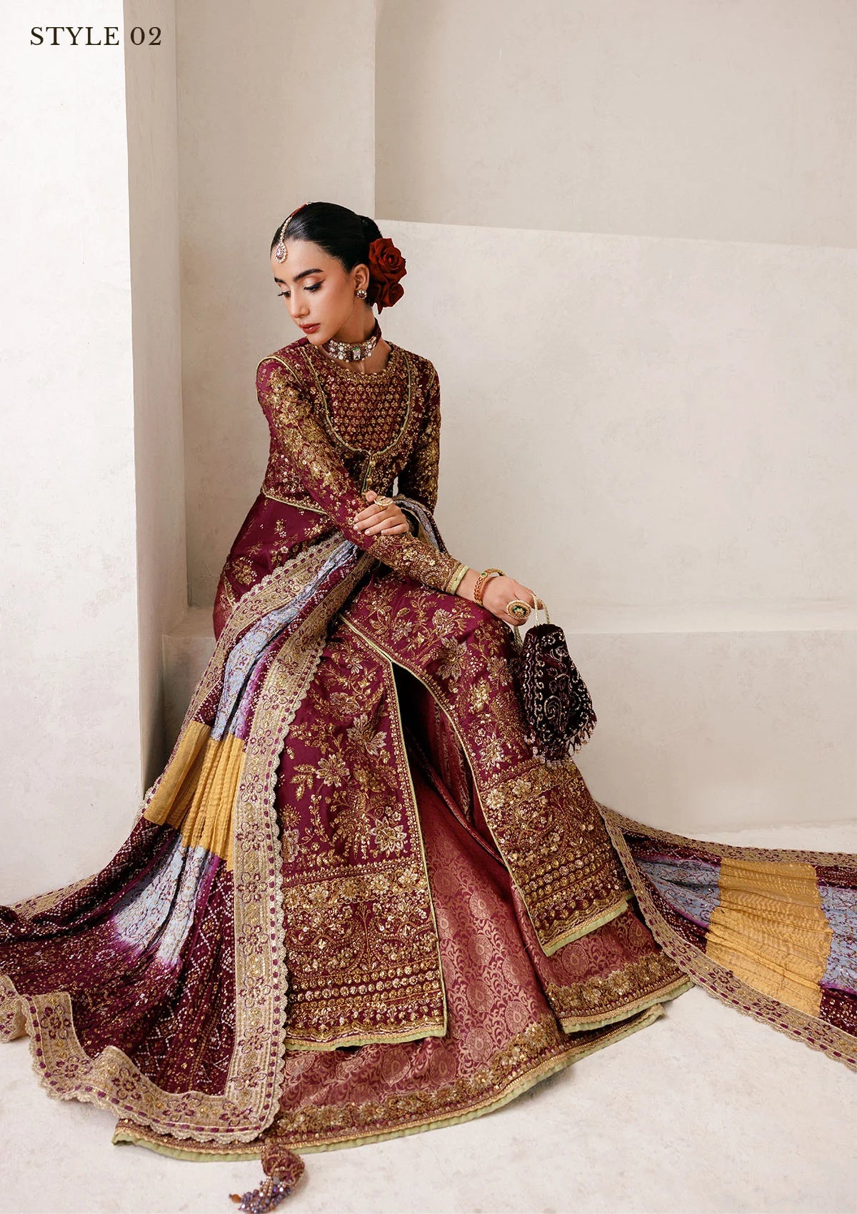Opulent medium silk ensemble with detailed embroidery, bodice and panel work, jamawaar pants, and an embroidered silk dupatta. Styled as angrakha gharara or open-front koti sharara.