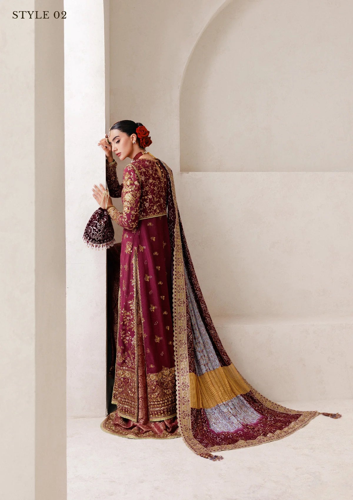 Opulent medium silk ensemble with detailed embroidery, bodice and panel work, jamawaar pants, and an embroidered silk dupatta. Styled as angrakha gharara or open-front koti sharara.