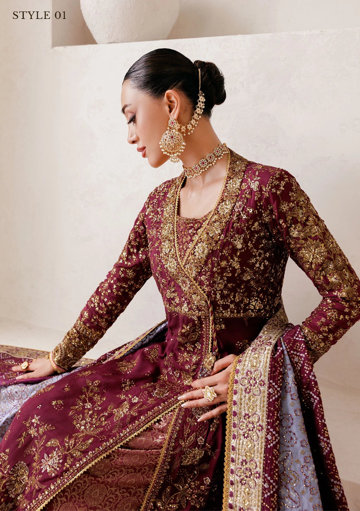 Opulent medium silk ensemble with detailed embroidery, bodice and panel work, jamawaar pants, and an embroidered silk dupatta. Styled as angrakha gharara or open-front koti sharara.