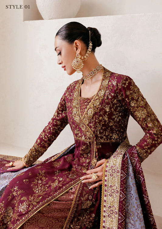 Opulent medium silk ensemble with detailed embroidery, bodice and panel work, jamawaar pants, and an embroidered silk dupatta. Styled as angrakha gharara or open-front koti sharara.