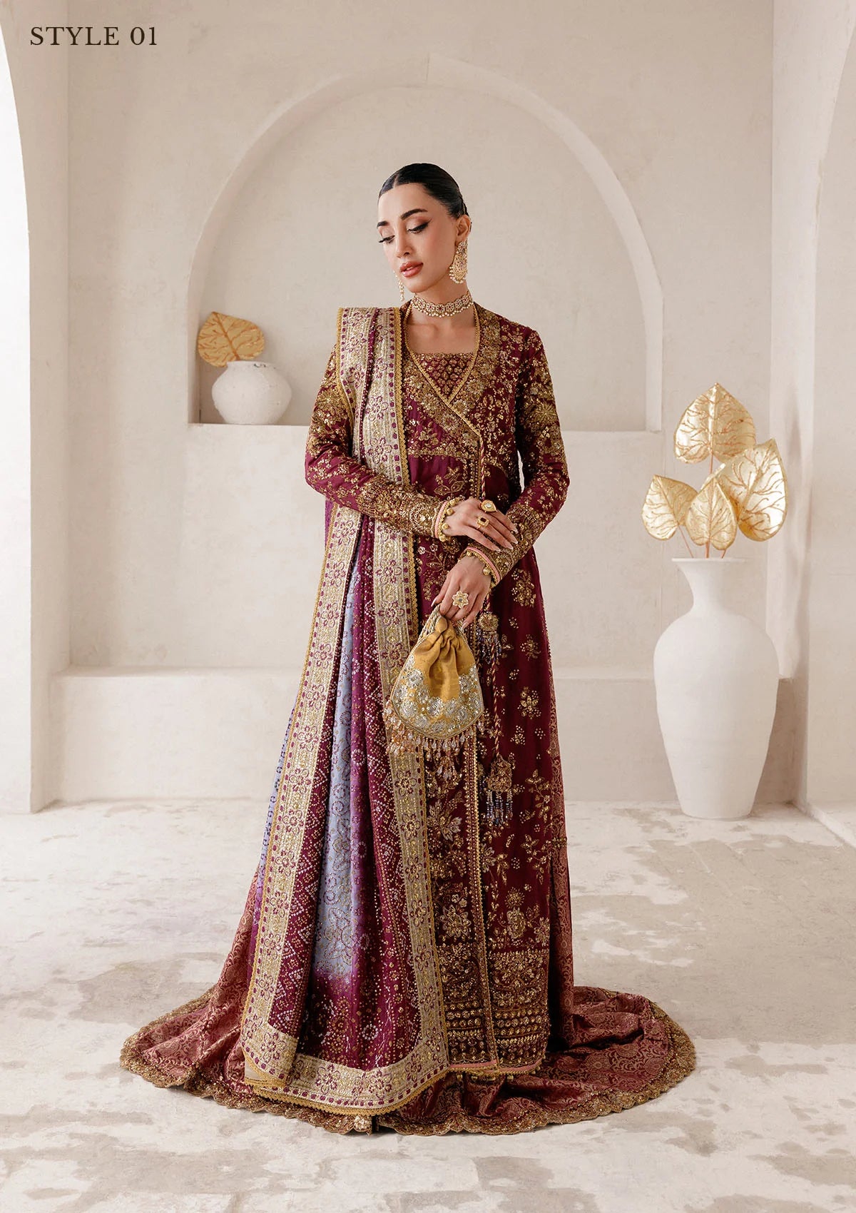 Opulent medium silk ensemble with detailed embroidery, bodice and panel work, jamawaar pants, and an embroidered silk dupatta. Styled as angrakha gharara or open-front koti sharara.