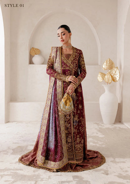Opulent medium silk ensemble with detailed embroidery, bodice and panel work, jamawaar pants, and an embroidered silk dupatta. Styled as angrakha gharara or open-front koti sharara.