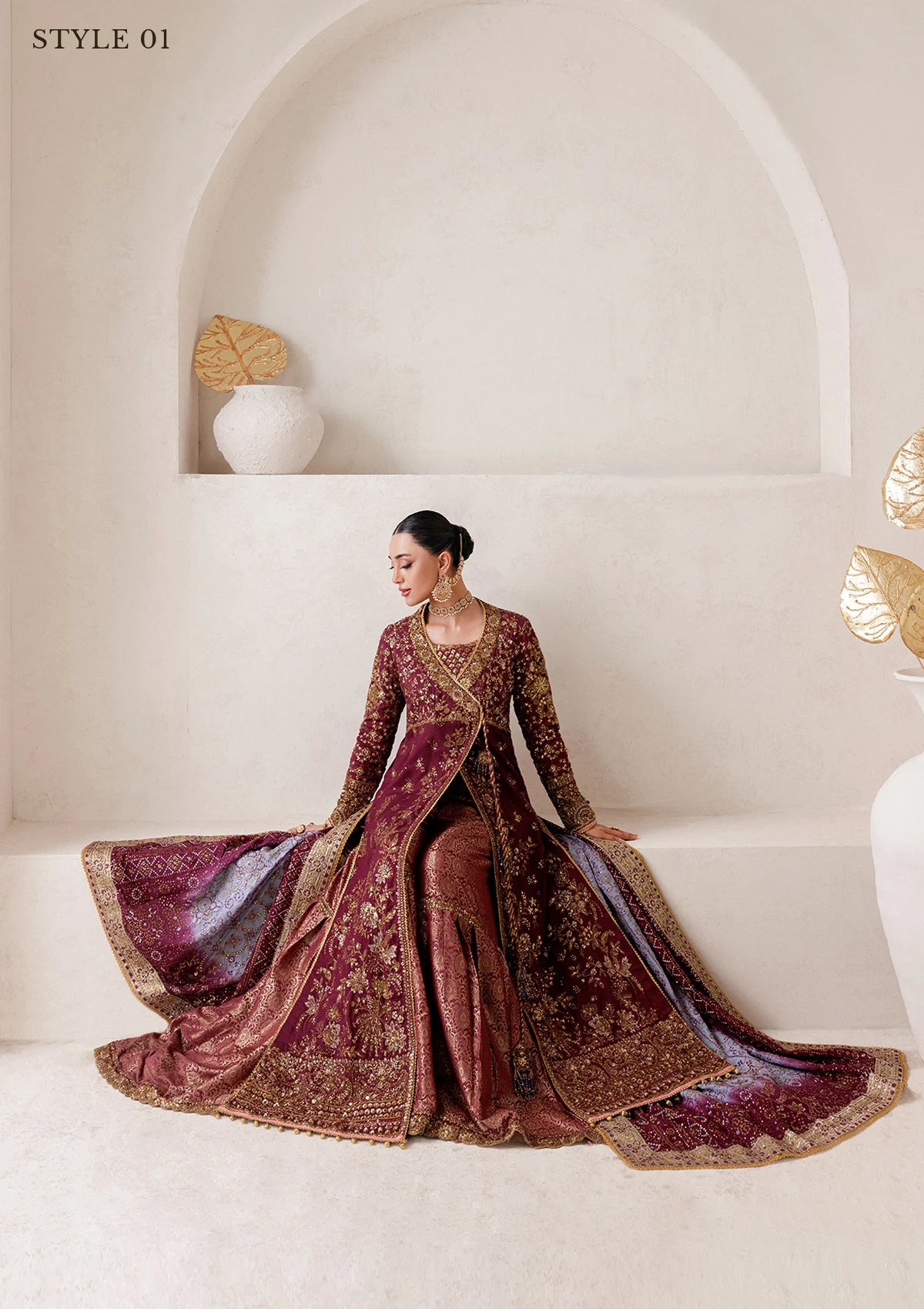 Opulent medium silk ensemble with detailed embroidery, bodice and panel work, jamawaar pants, and an embroidered silk dupatta. Styled as angrakha gharara or open-front koti sharara.
