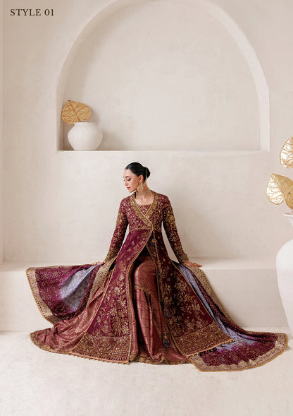 Opulent medium silk ensemble with detailed embroidery, bodice and panel work, jamawaar pants, and an embroidered silk dupatta. Styled as angrakha gharara or open-front koti sharara.