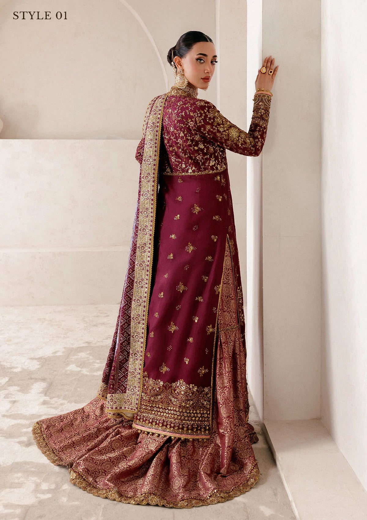 Opulent medium silk ensemble with detailed embroidery, bodice and panel work, jamawaar pants, and an embroidered silk dupatta. Styled as angrakha gharara or open-front koti sharara.