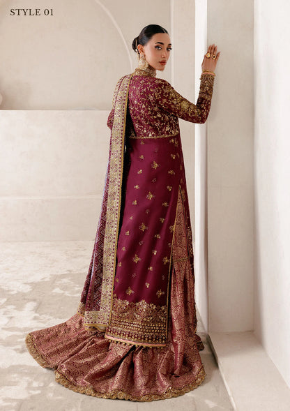 Opulent medium silk ensemble with detailed embroidery, bodice and panel work, jamawaar pants, and an embroidered silk dupatta. Styled as angrakha gharara or open-front koti sharara.